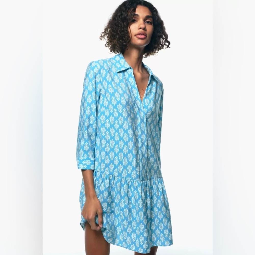 NWOT Zara blue white floral print short shirt Carley dress with ruffle size m